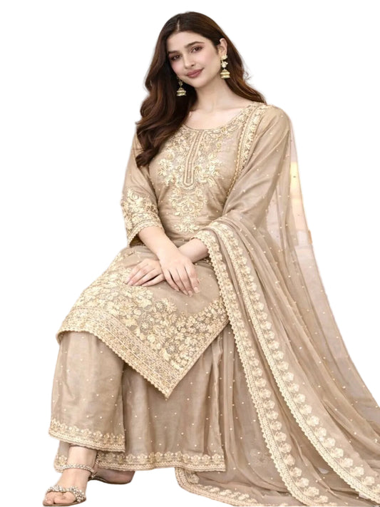 ER Designer GMY Silk 3-Piece Suit Set with Heavy Embroidery & Moti Work