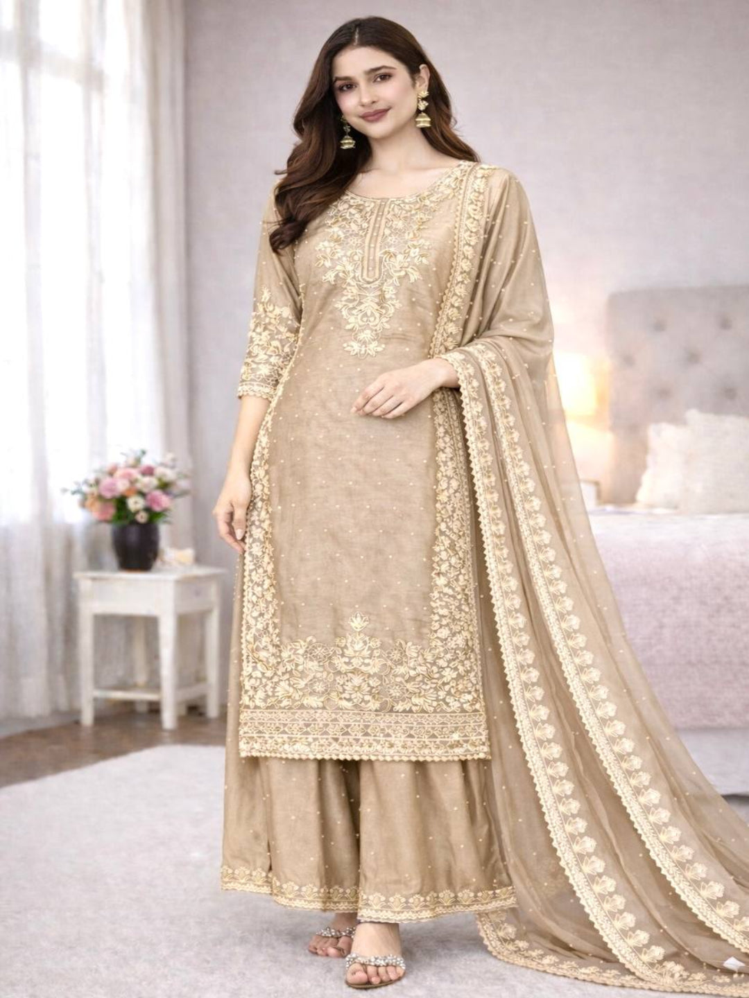 ER Designer GMY Silk 3-Piece Suit Set with Heavy Embroidery & Moti Work