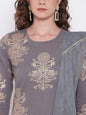 Divena Grey Foil Print Cotton Sharara Set with Net Dupatta