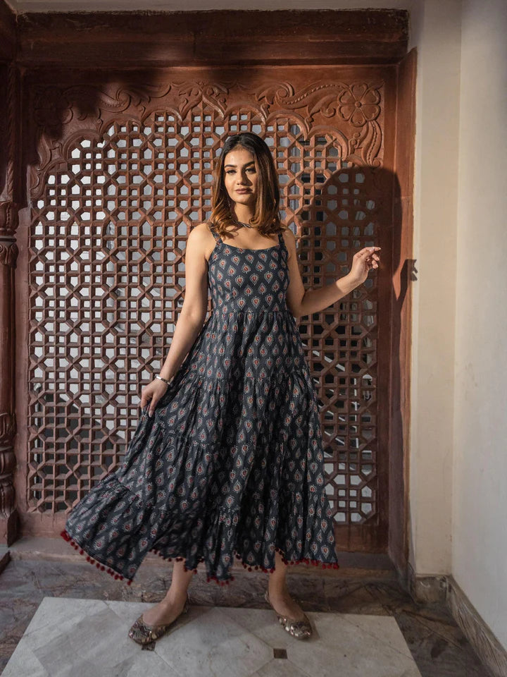 Divena Maroon/Navy Blue Buti Printed Shoulder Strip Long dress- SSDK0717