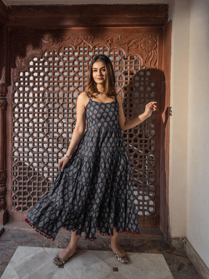 Divena Maroon/Navy Blue Buti Printed Shoulder Strip Long dress- SSDK0717