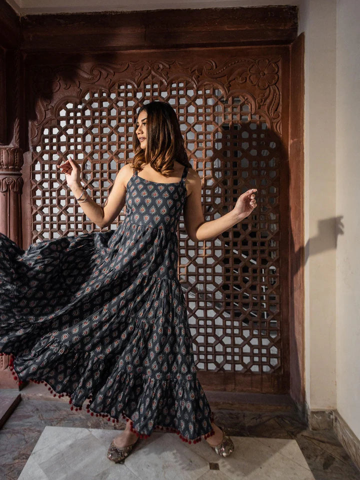 Divena Maroon/Navy Blue Buti Printed Shoulder Strip Long dress- SSDK0717