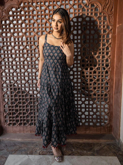 Divena Maroon/Navy Blue Buti Printed Shoulder Strip Long dress- SSDK0717 Navy Blue