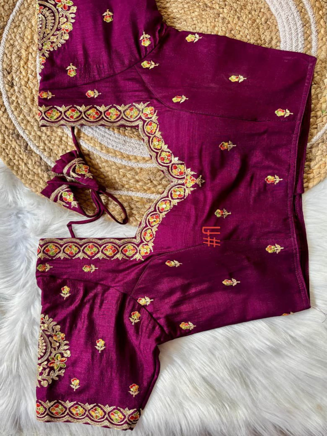 ES Designer V-Neck Vichitra Silk Blouse – Intricate Zari & Sequence Embroidery