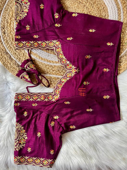 ES Designer V-Neck Vichitra Silk Blouse – Intricate Zari & Sequence Embroidery