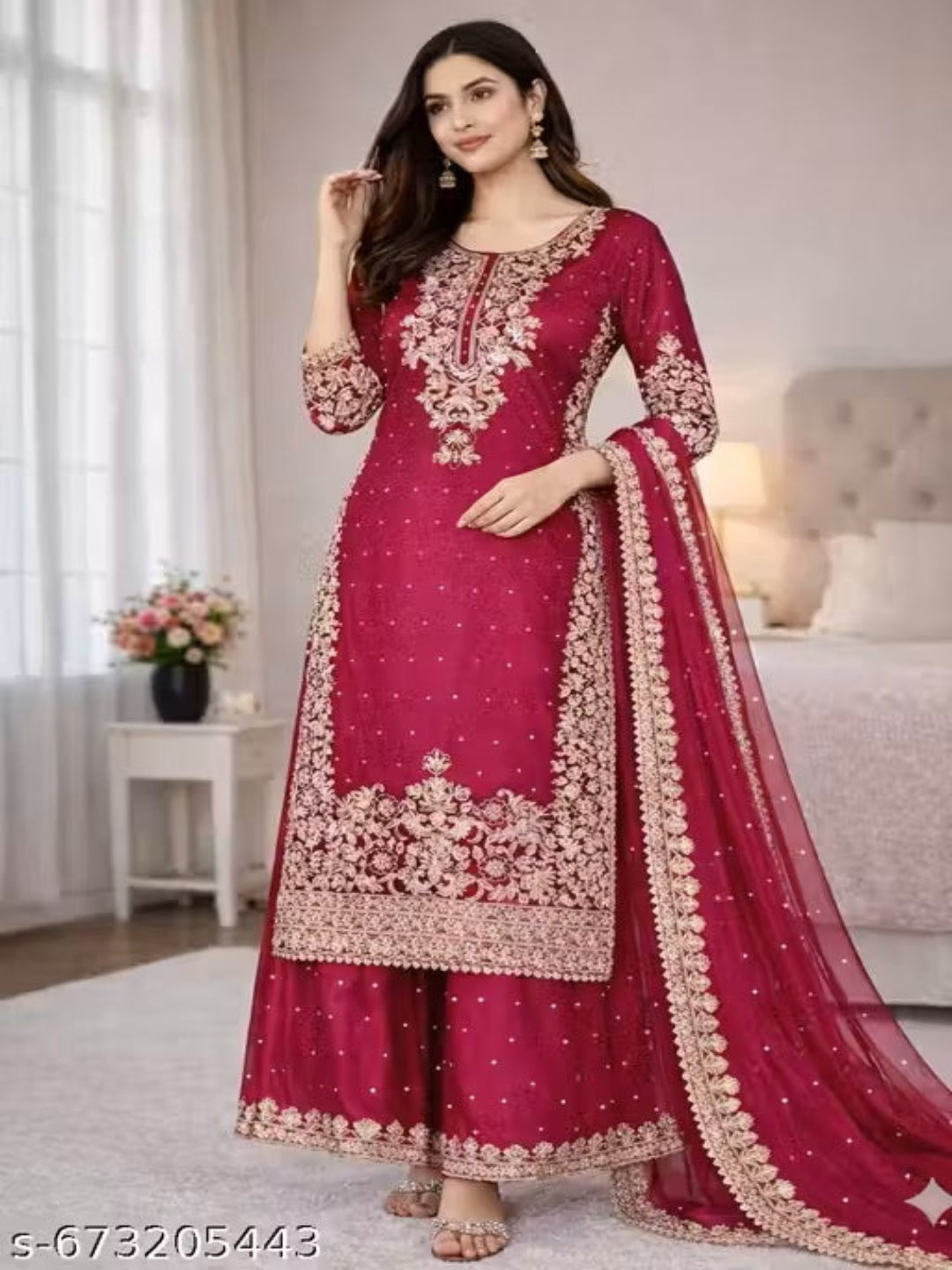 ER Designer GMY Silk 3-Piece Suit Set with Heavy Embroidery & Moti Work
