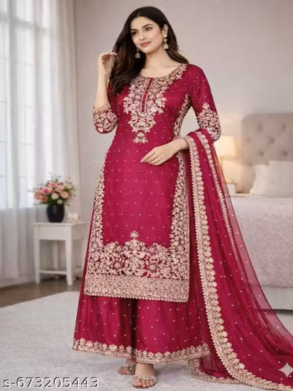 ER Designer GMY Silk 3-Piece Suit Set with Heavy Embroidery & Moti Work
