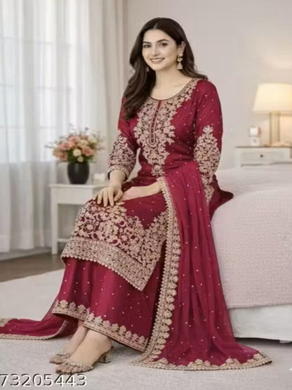 ER Designer GMY Silk 3-Piece Suit Set with Heavy Embroidery & Moti Work