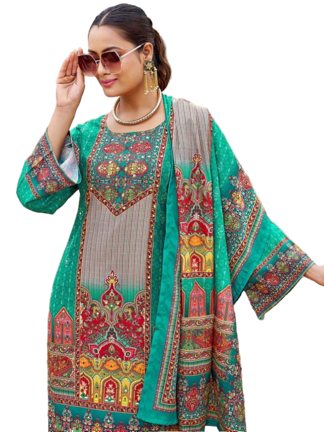 YNF Pure Crape Silk Fully Stitched Sharara Suit with Digital Print & Real Mirror Work
