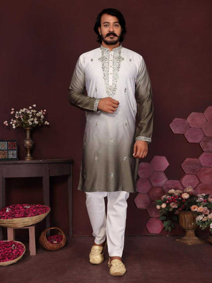 RE Men's Premium Cotton Silk Kurta Pajama Set with Mirror & Embroidery Work