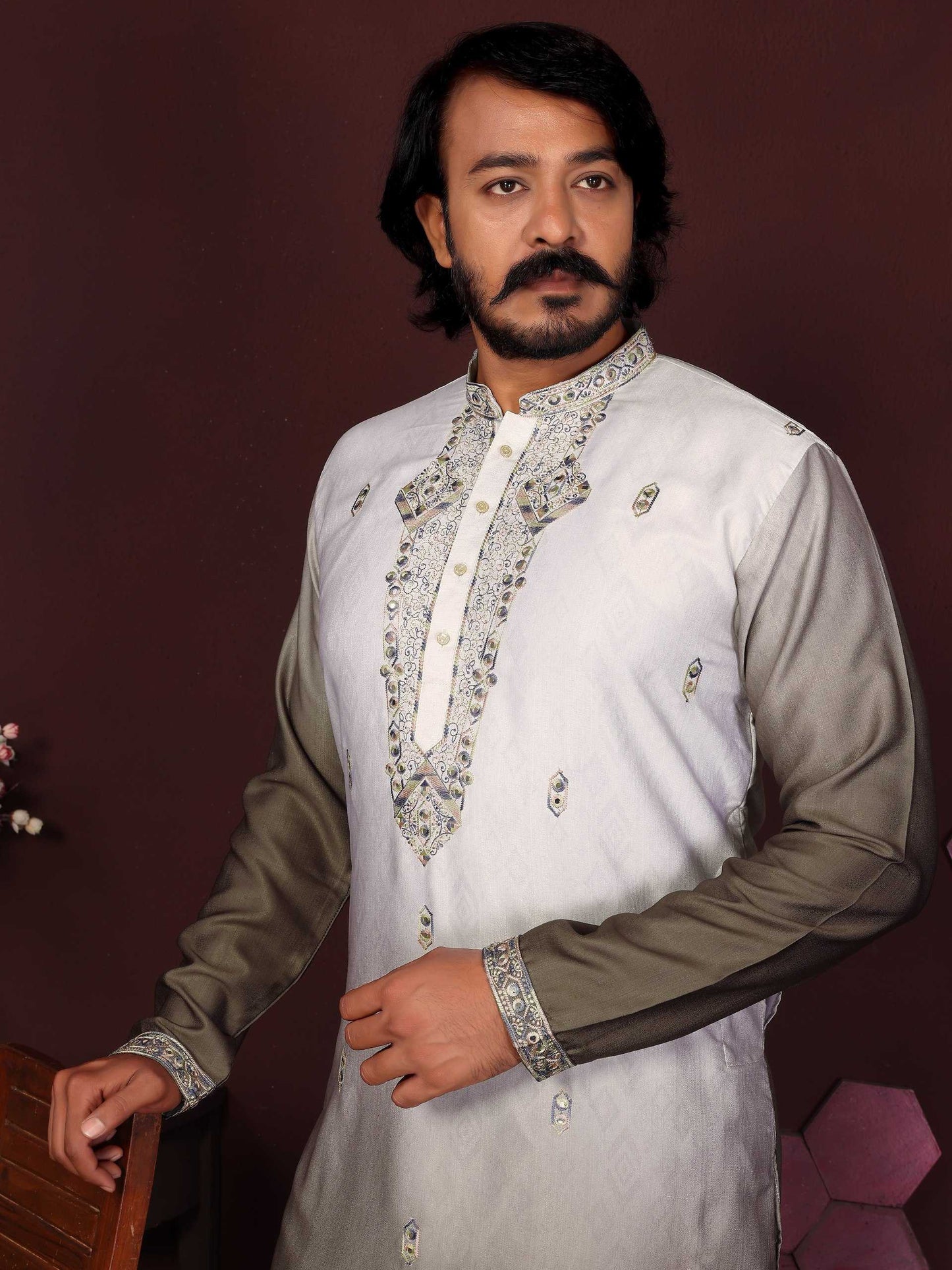 RE Men's Premium Cotton Silk Kurta Pajama Set with Mirror & Embroidery Work