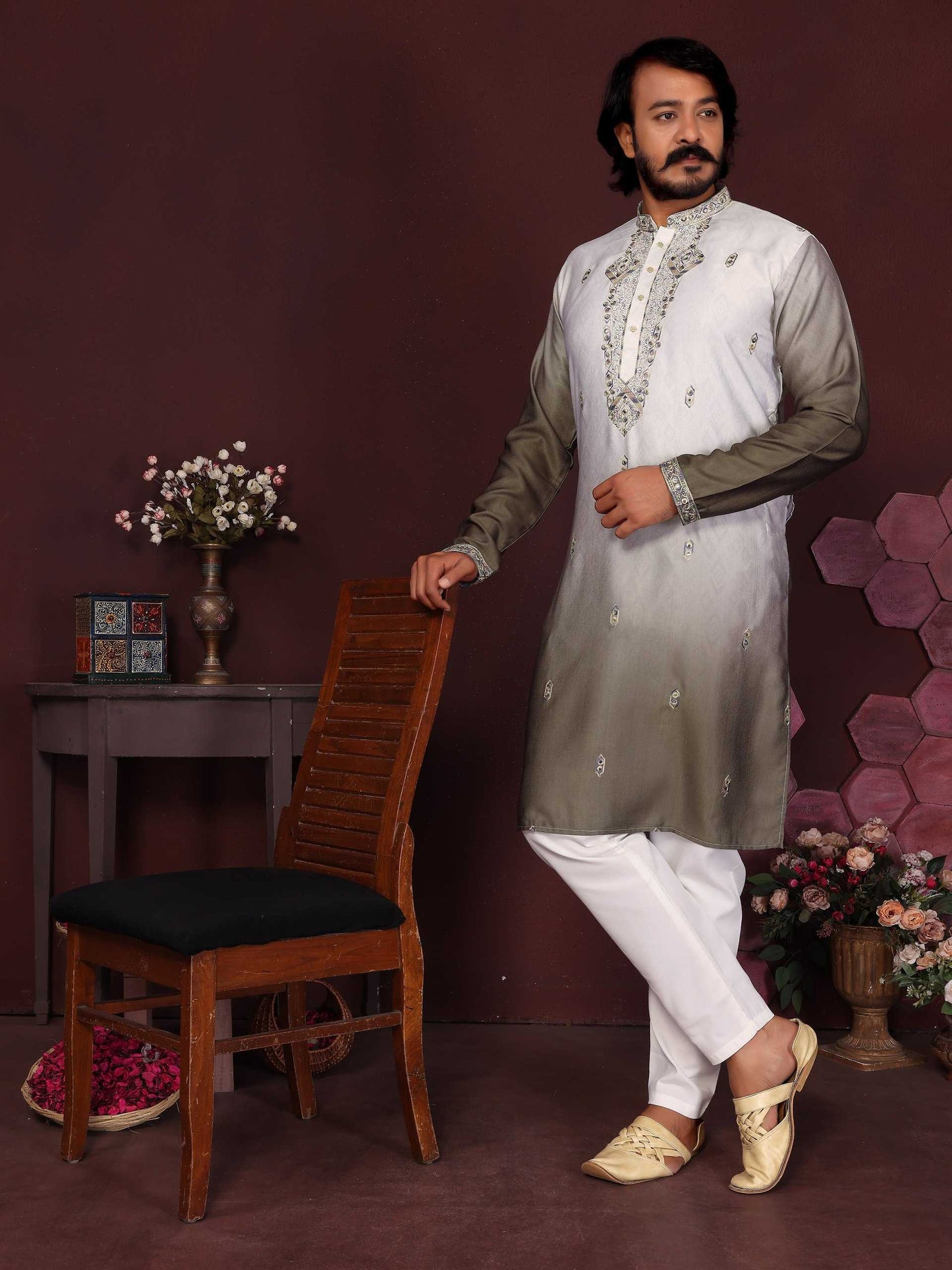 RE Men's Premium Cotton Silk Kurta Pajama Set with Mirror & Embroidery Work