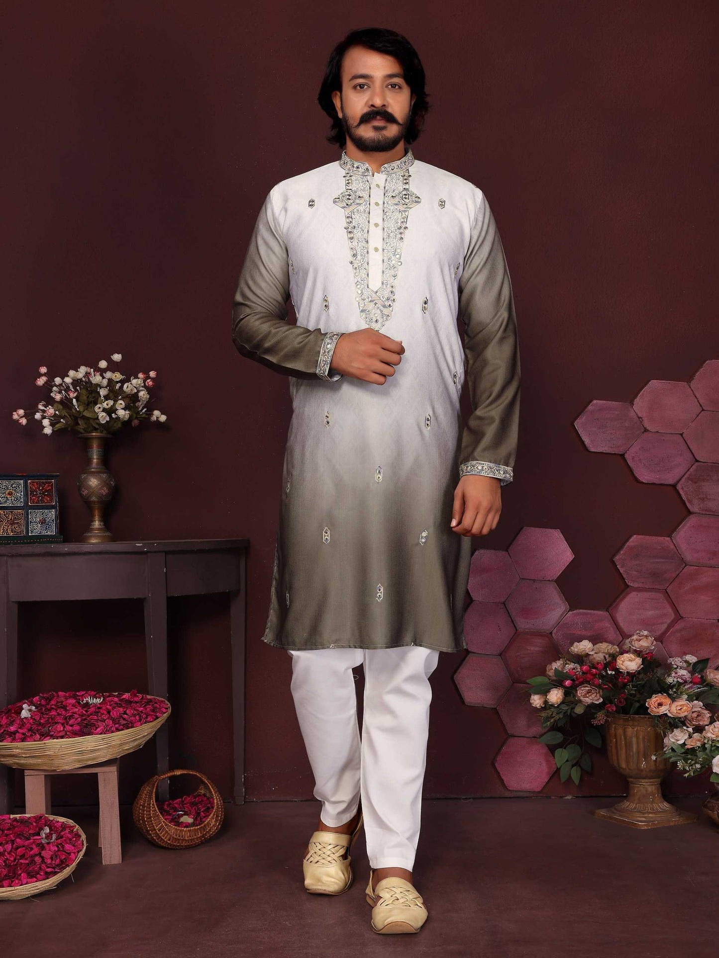 RE Men's Premium Cotton Silk Kurta Pajama Set with Mirror & Embroidery Work