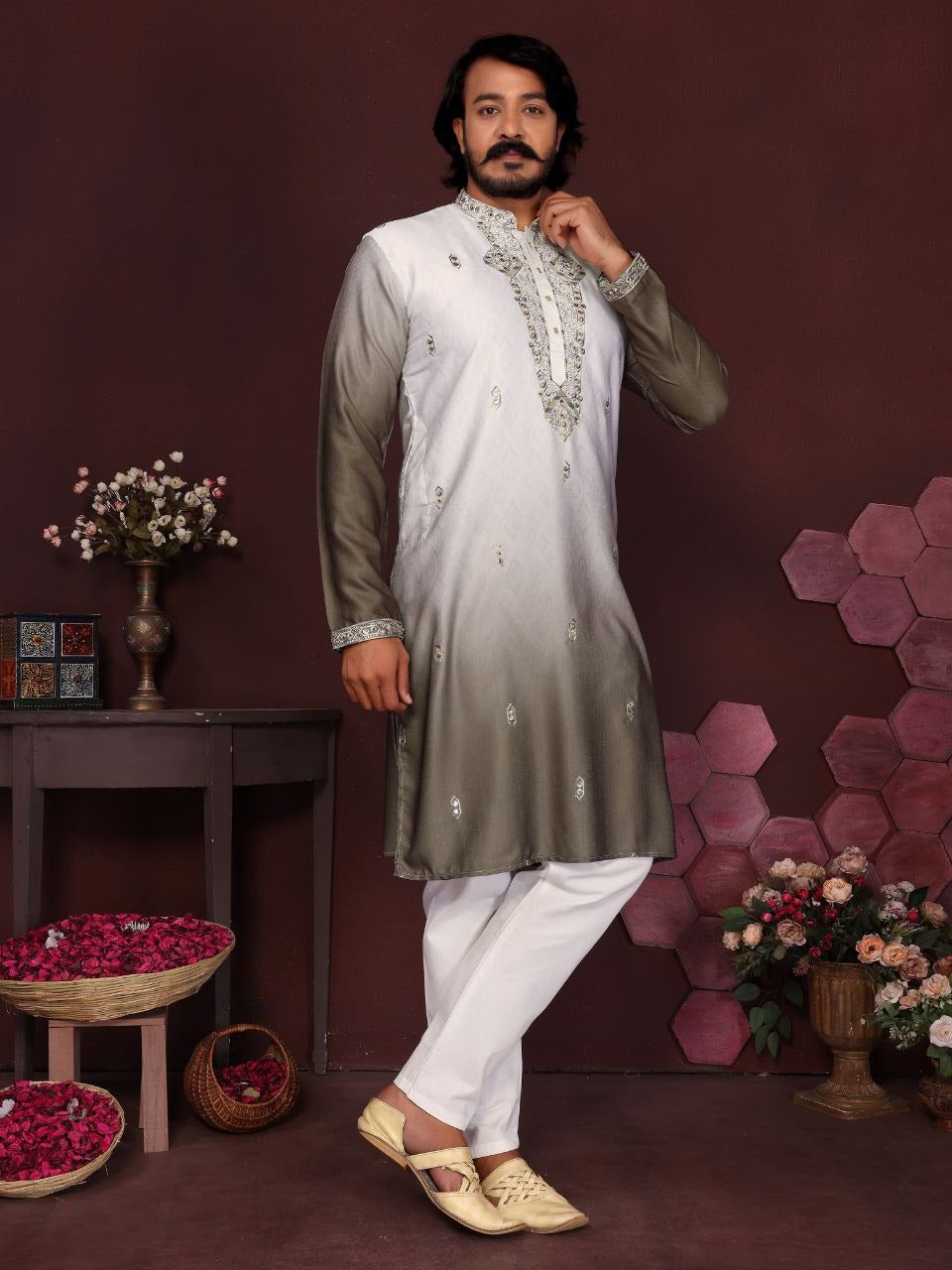 RE Men's Premium Cotton Silk Kurta Pajama Set with Mirror & Embroidery Work
