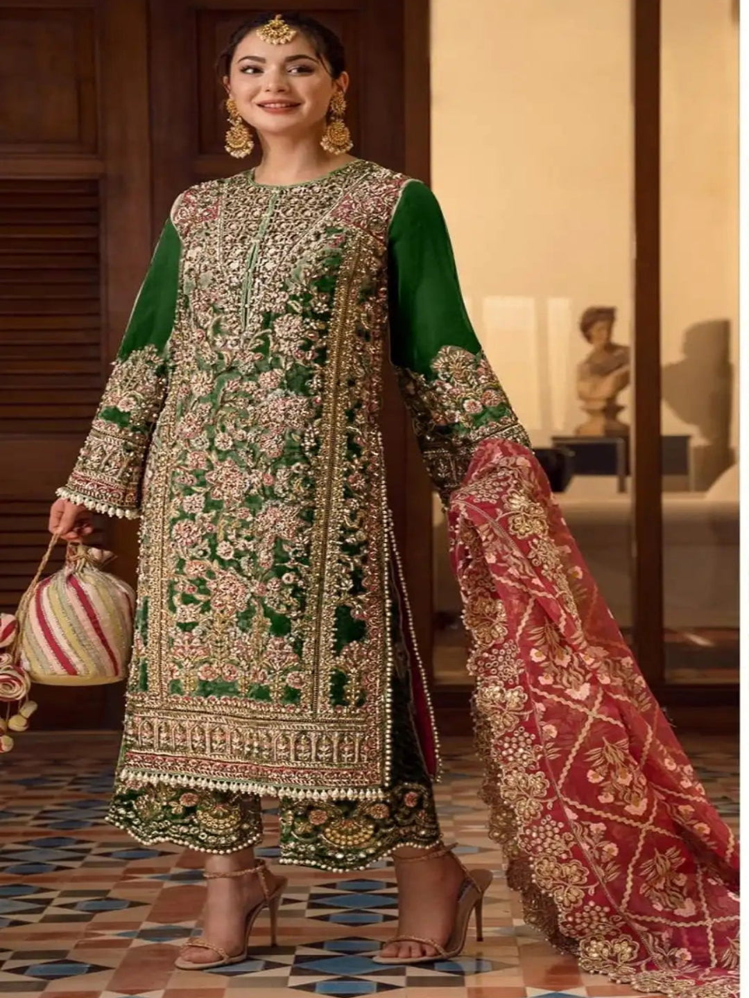 WT Heavy Georgette Embroidered Suit with Hand-Moti and Mirror Accents
