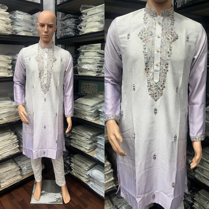 RE Men's Premium Cotton Silk Kurta Pajama Set with Mirror & Embroidery Work