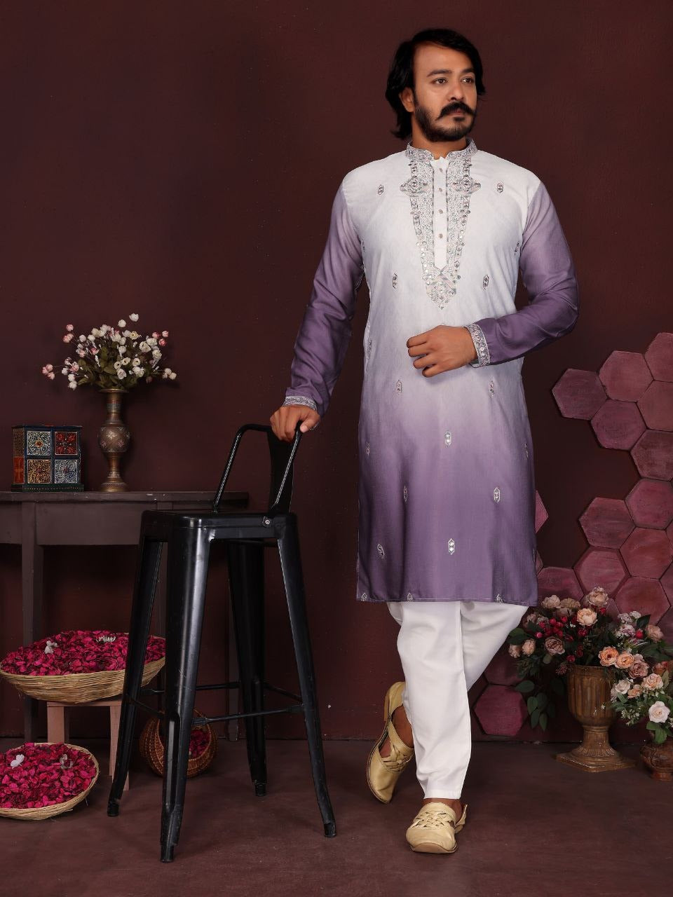 RE Men's Premium Cotton Silk Kurta Pajama Set with Mirror & Embroidery Work