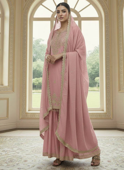 RE Designer Pure Chinon Silk Top-Plazzo Set with 5mm Sequence & Moti Work