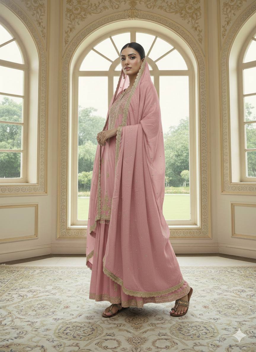 RE Designer Pure Chinon Silk Top-Plazzo Set with 5mm Sequence & Moti Work