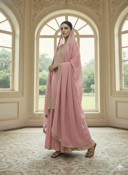 RE Designer Pure Chinon Silk Top-Plazzo Set with 5mm Sequence & Moti Work