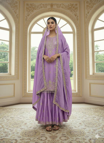 RE Designer Pure Chinon Silk Top-Plazzo Set with 5mm Sequence & Moti Work