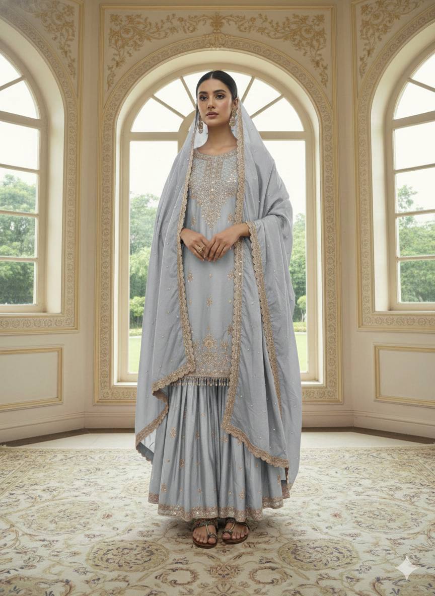 RE Designer Pure Chinon Silk Top-Plazzo Set with 5mm Sequence & Moti Work