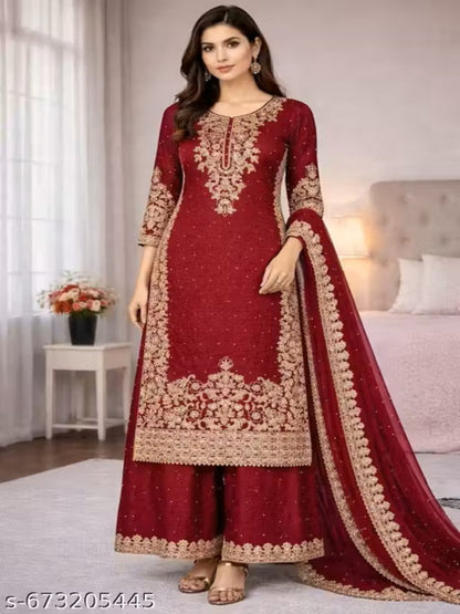 ER Designer GMY Silk 3-Piece Suit Set with Heavy Embroidery & Moti Work