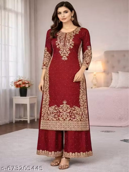ER Designer GMY Silk 3-Piece Suit Set with Heavy Embroidery & Moti Work