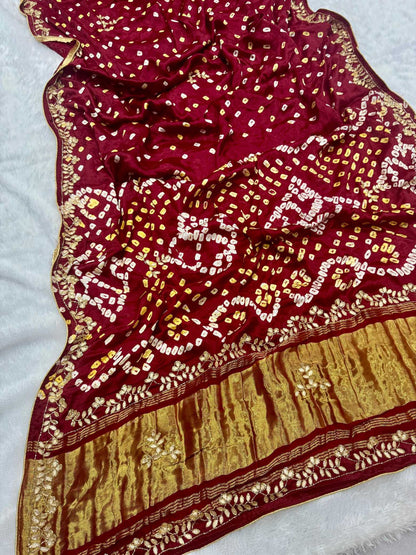 YNF Pure Model Gaji Silk Bandhej Saree with Original Lagadi Patta & Hand Work