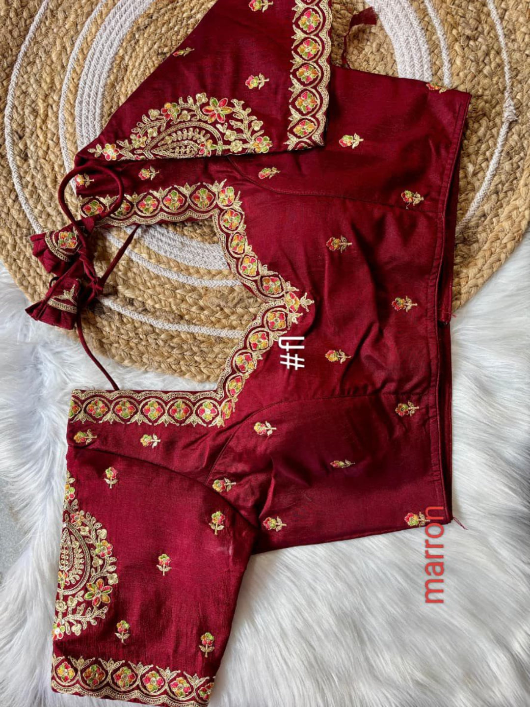 ES Designer V-Neck Vichitra Silk Blouse – Intricate Zari & Sequence Embroidery