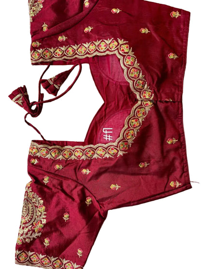 ES Designer V-Neck Vichitra Silk Blouse – Intricate Zari & Sequence Embroidery