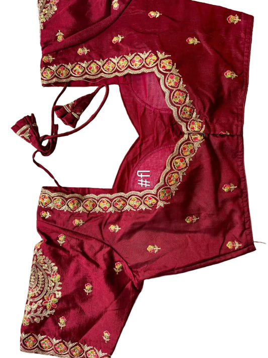 ES Designer V-Neck Vichitra Silk Blouse – Intricate Zari & Sequence Embroidery