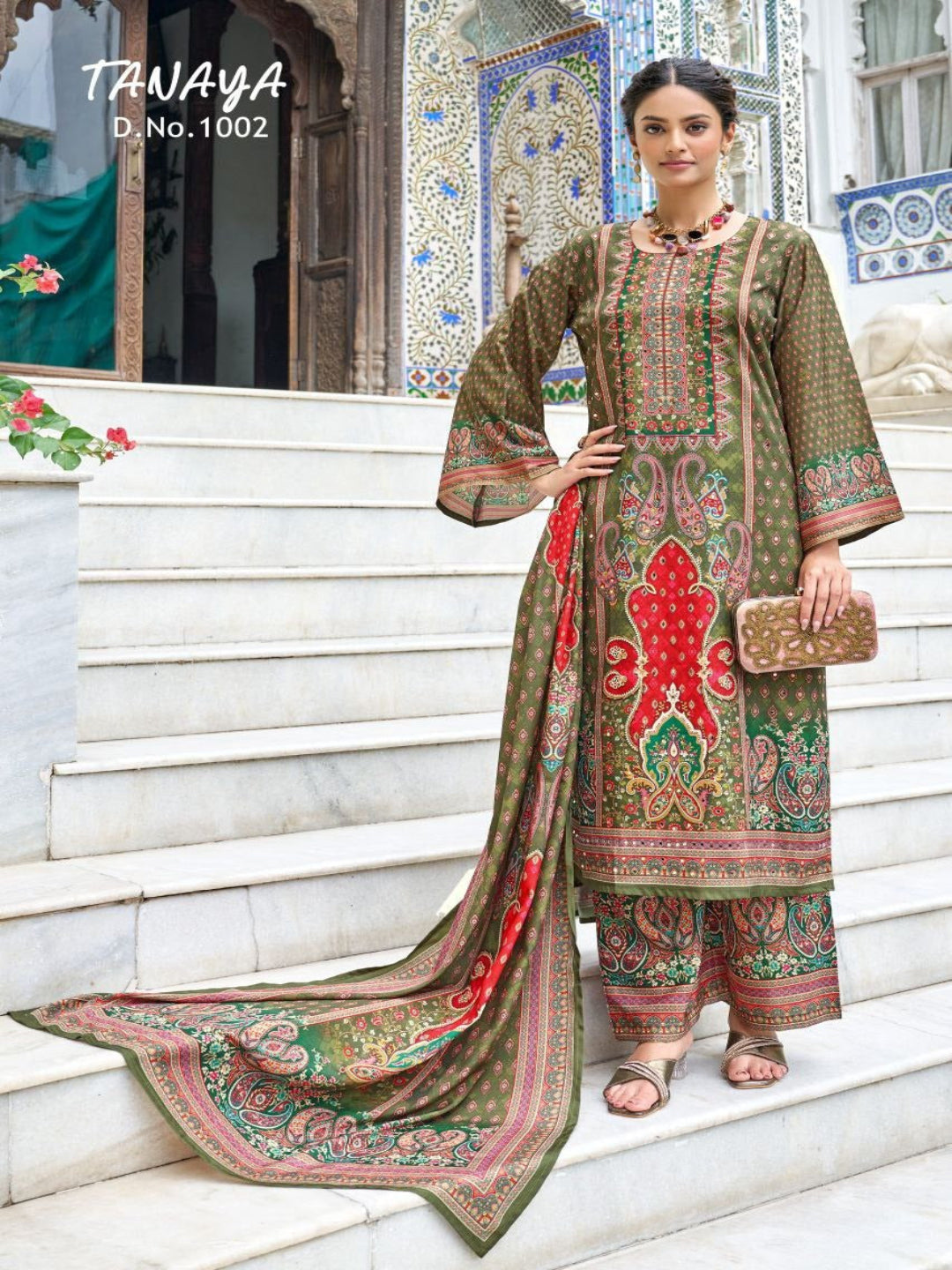 RE Pakistani Digital Print Pure Crape Silk Kurta Set with Original Mirror Work & Palazzo