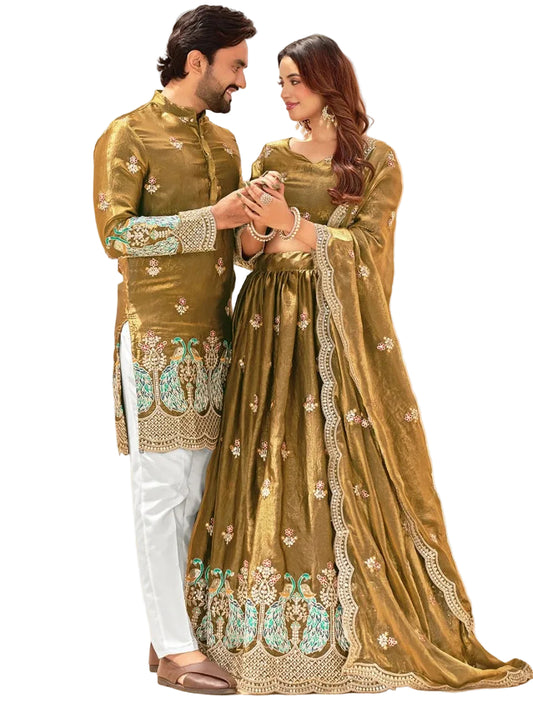 RE Royal Fendi Silk Couple Combo - Embroidered Lehenga Set & Men’s Kurta