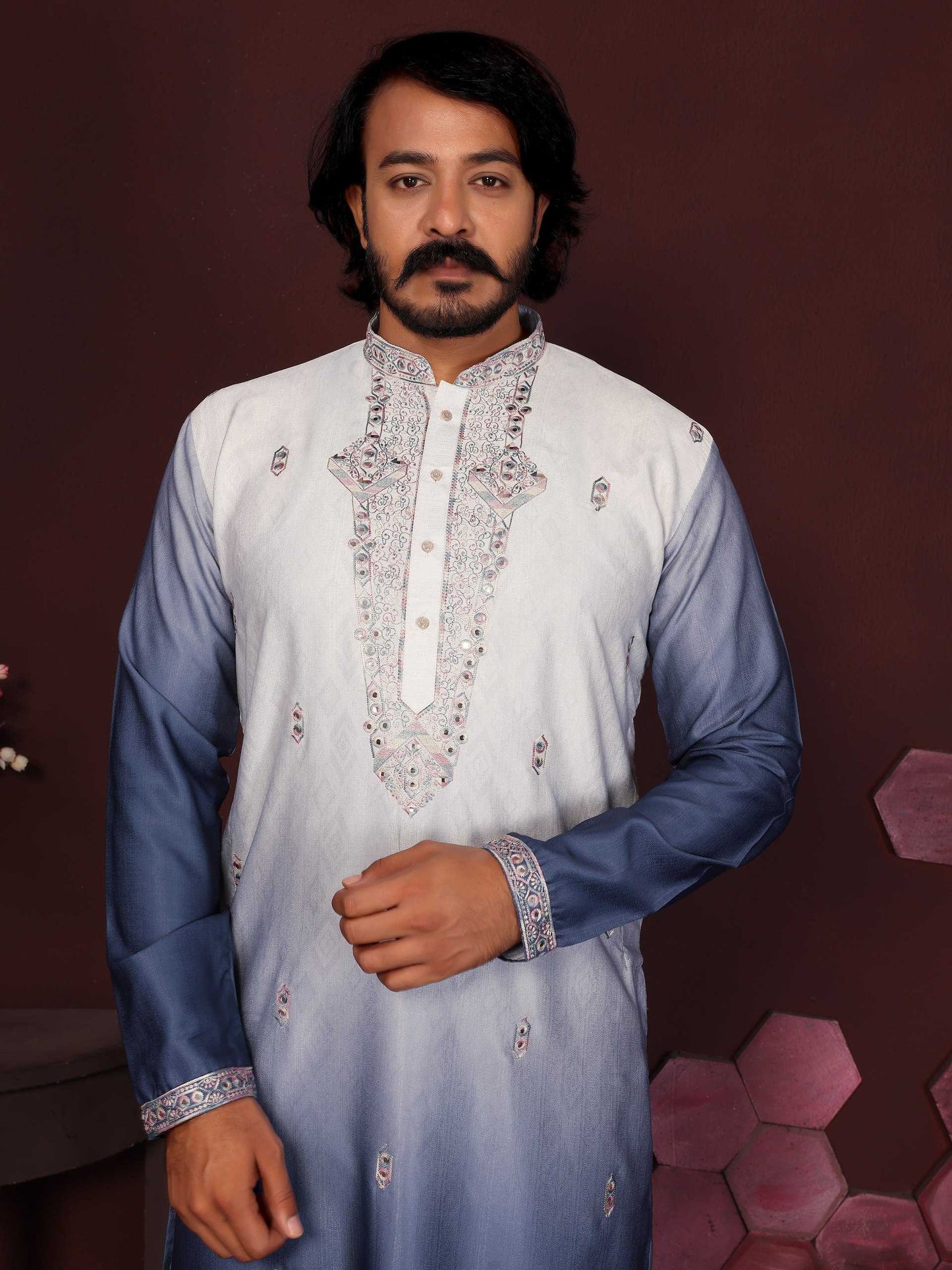 RE Men's Premium Cotton Silk Kurta Pajama Set with Mirror & Embroidery Work