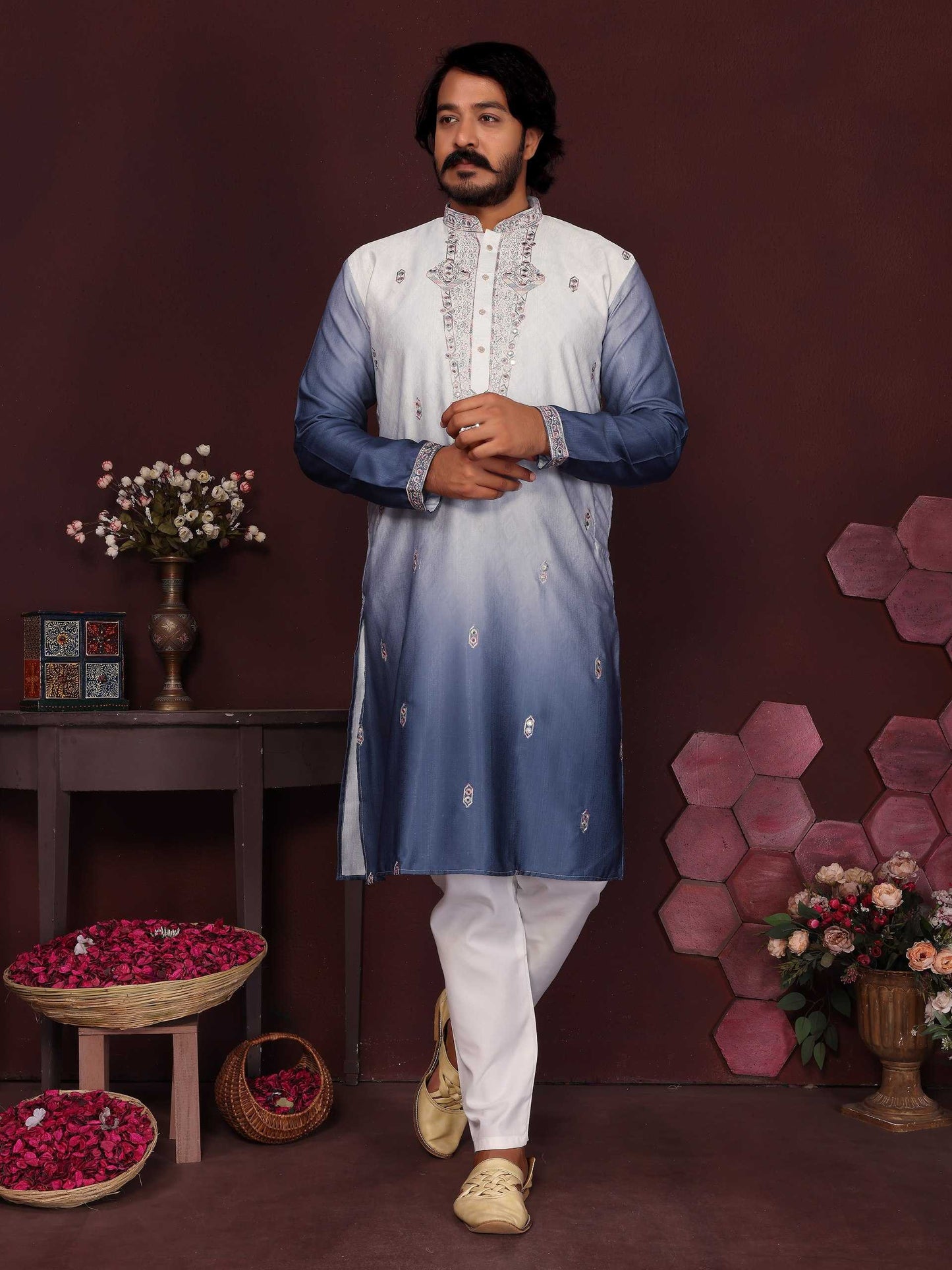 RE Men's Premium Cotton Silk Kurta Pajama Set with Mirror & Embroidery Work