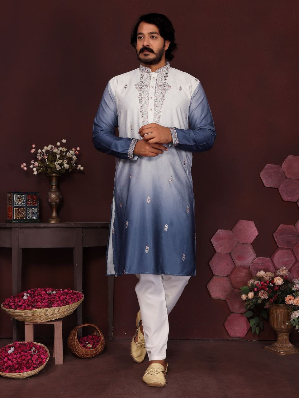 RE Men's Premium Cotton Silk Kurta Pajama Set with Mirror & Embroidery Work