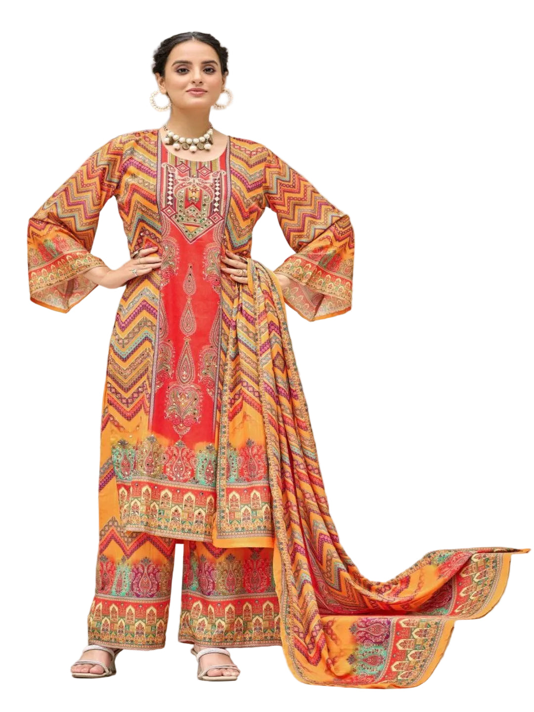 RE Pakistani Digital Print Pure Crape Silk Kurta Set with Original Mirror Work & Palazzo