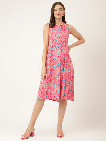 Divena Floral Print Rayon A-Line Midi Dress with attached Sleeves