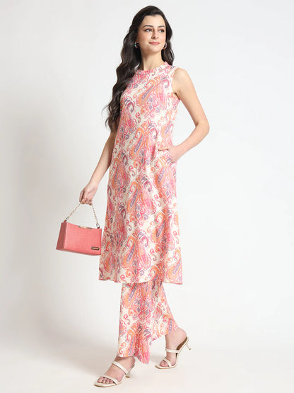 Divena Black Beautiful Floral Print Rayon Sleeveless straight-cut kurta with Pant for