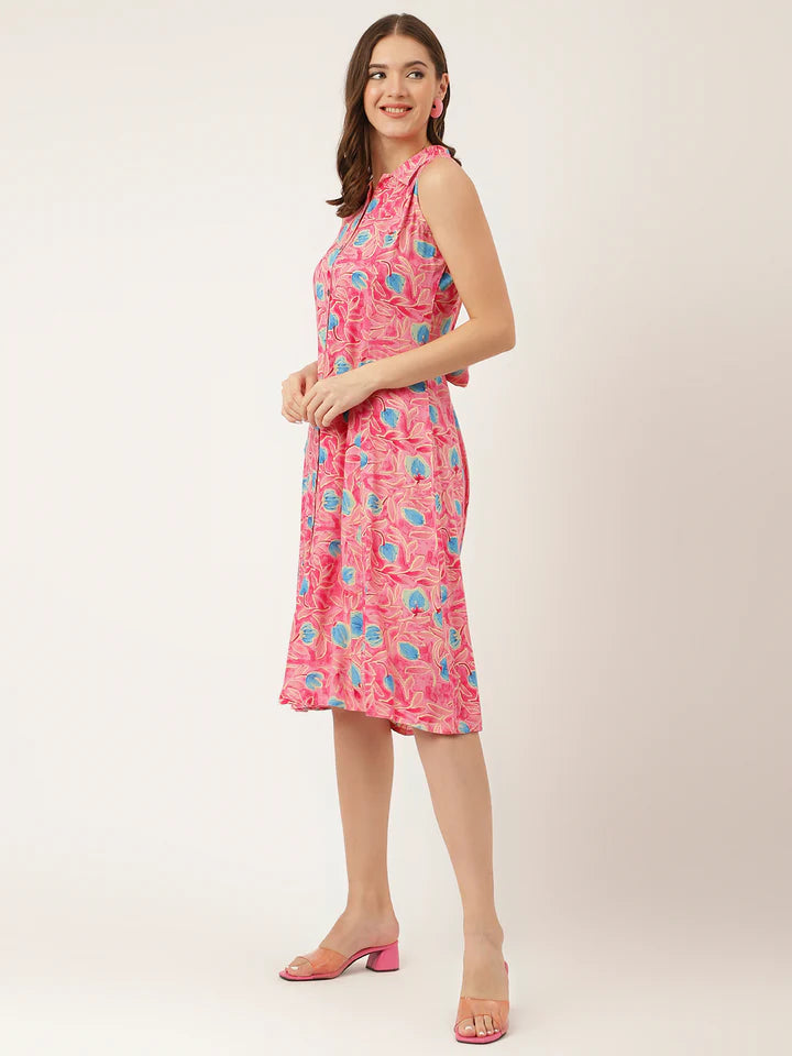 Divena Floral Print Rayon A-Line Midi Dress with attached Sleeves