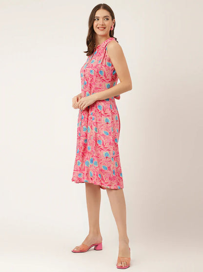 Divena Floral Print Rayon A-Line Midi Dress with attached Sleeves