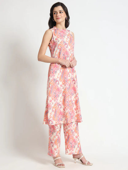Divena Black Beautiful Floral Print Rayon Sleeveless straight-cut kurta with Pant for