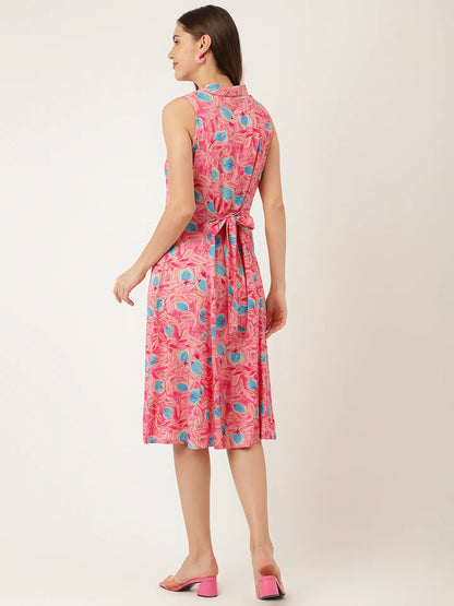 Divena Floral Print Rayon A-Line Midi Dress with attached Sleeves