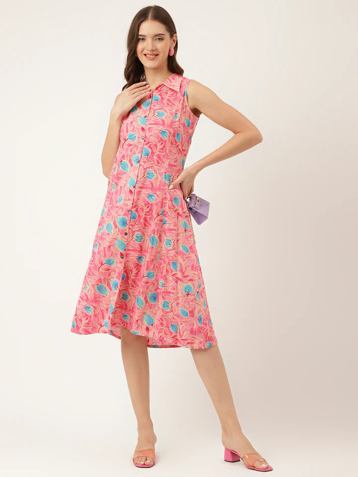Divena Floral Print Rayon A-Line Midi Dress with attached Sleeves