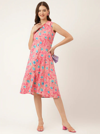 Divena Floral Print Rayon A-Line Midi Dress with attached Sleeves