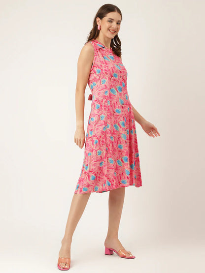 Divena Floral Print Rayon A-Line Midi Dress with attached Sleeves