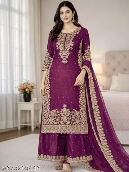 ER Designer GMY Silk 3-Piece Suit Set with Heavy Embroidery & Moti Work