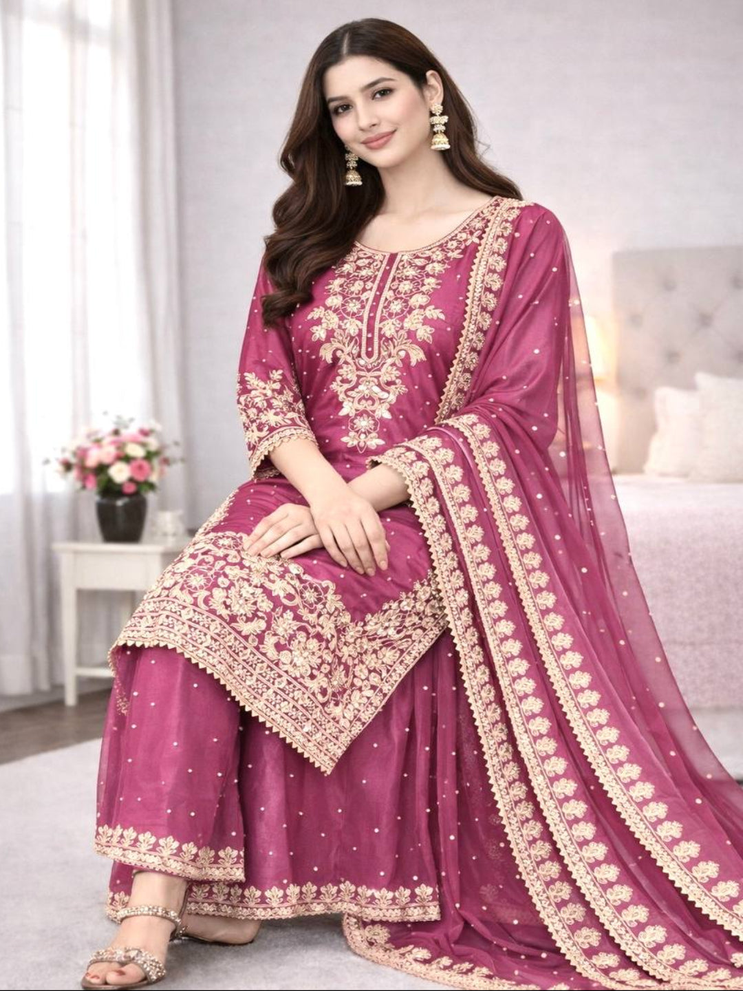 ER Designer GMY Silk 3-Piece Suit Set with Heavy Embroidery & Moti Work