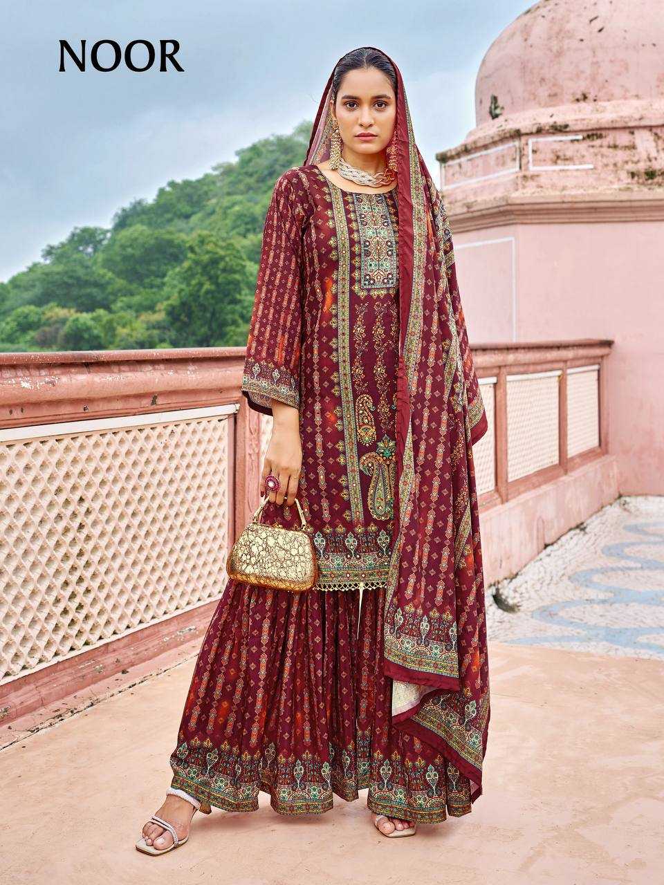 YNF Pure Crape Silk Fully Stitched Sharara Suit with Digital Print & Real Mirror Work